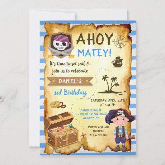 Blue Ahoy Treasure Map Boys Pirate Birthday Einladung (Vorderseite)