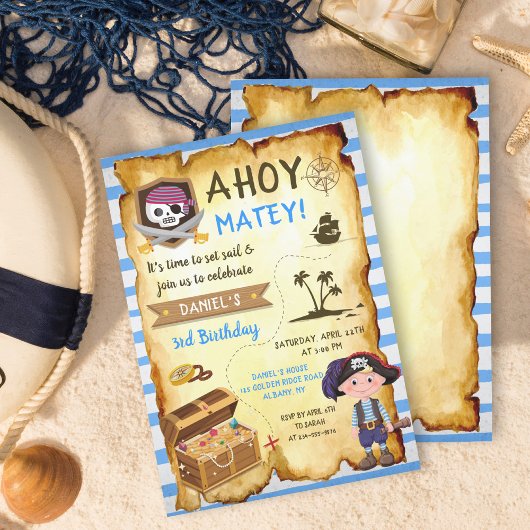Blue Ahoy Treasure Map Boys Pirate Birthday Einladung