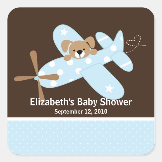 Blue Airplane Baby Shower Square Sticker! Quadratischer Aufkleber (Vorderseite)
