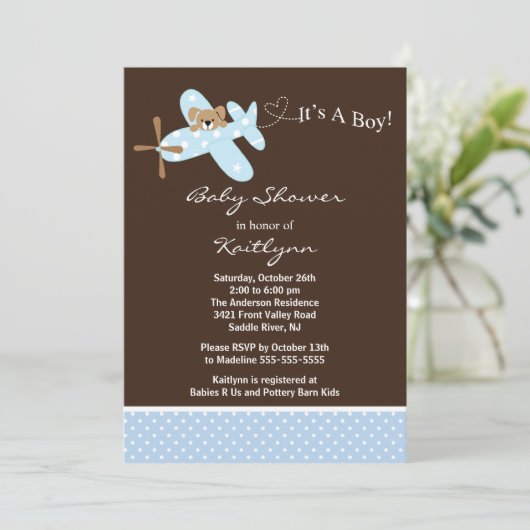 Blue Airplane Boy Baby Shower Einladung (Stehend Vorderseite)