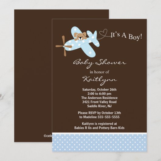 Blue Airplane Boy Baby Shower Einladung (Vorne/Hinten)