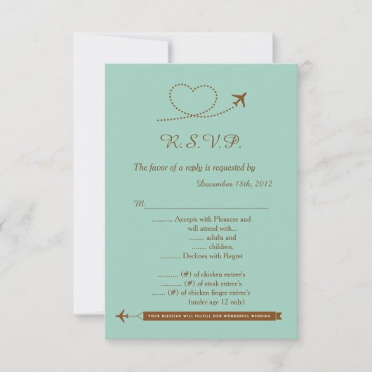 Blue Airplane Heart Wedding 3.5x5 R.S.V.P. Antwort Einladung (Vorderseite)