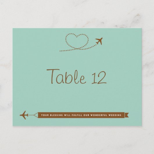 Blue Airplane Heart Wedding Tischnummer Card (Vorderseite)