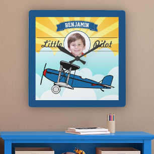 Blue Airplane Little Pilot Name Photo Kids Room Quadratische Wanduhr