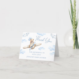 Blue Airplane Niedlich Teddy Bear Bow Babydusche Dankeskarte
