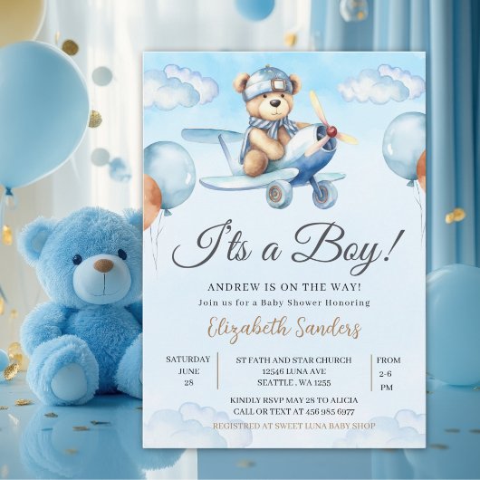Blue Airplane Teddy Bear Baby Shower Invitation Einladung