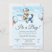 Blue Airplane Teddy Bear Baby Shower Invitation Einladung (Vorderseite)