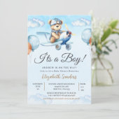 Blue Airplane Teddy Bear Baby Shower Invitation Einladung (Stehend Vorderseite)
