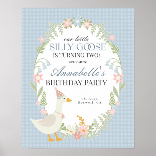 Blue Albern Goose Gingham Birthday Welcome Sign Poster (Vorne)