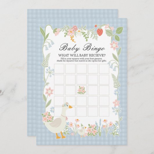 Blue Albern Gose Floral Gingham Baby Bingame Einladung (Vorne/Hinten)