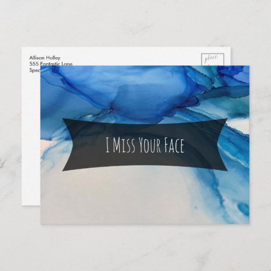 Blue Alcohol Ink Abstrakt Art "I Miss Your Face" Postkarte (Vorne/Hinten)