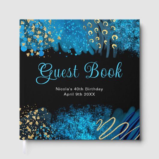 Blue Alcohol Ink Birthday Party Guest Book Gästebuch (Vorderseite)