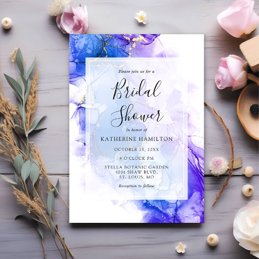 Blue Alcohol Ink Winter Gold Brautparty Einladung