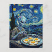 Blue Alien Eating Fried Eggs Faux Van Gogh Postkarte (Vorderseite)