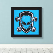 Blue Alien Gym Stretched Canvas Print Leinwanddruck (Insitu (Holzboden))