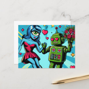 Blue Alien Woman und ein grüner Roboter Postkarte