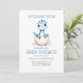 Blue All in One Dinosaur Hatching Bald Baby Dusche Einladung (Stehend Vorderseite)