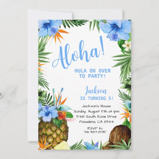 Blue Aloha Birthday, Hawaiian Luau Tropical Einladung (Vorderseite)
