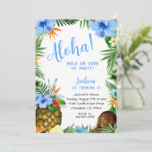 Blue Aloha Birthday, Hawaiian Luau Tropical Einladung (Stehend Vorderseite)