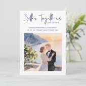 Blue Amalfi Coast Lemon Tree Chic Wedding Couple Save The Date (Stehend Vorderseite)
