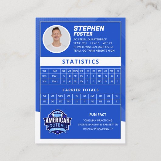 Blue American Football Player Trading Card Telefonnummerkarte (Rückseite)