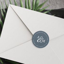 Blue Ampersand Monogram Wedding Rücksendeadresse Runder Aufkleber