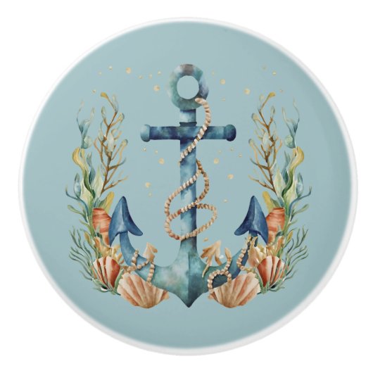 Blue Anchor and Seashells on Turnquoise Keramikknauf (Vorderseite)