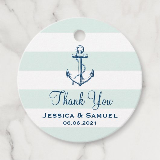 Blue Anchor & Mint Stripes Wedding Vielen Dank Geschenkanhänger (Vorderseite)