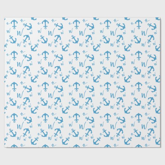 Blue Anchor & Monogram Geschenkpapier (Flach)