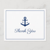 Blue Anchor Monogram Nautical Wedding Danke Postkarte (Vorderseite)