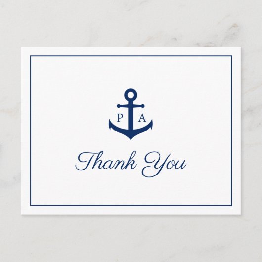 Blue Anchor Monogram Nautical Wedding Danke Postkarte (Vorderseite)