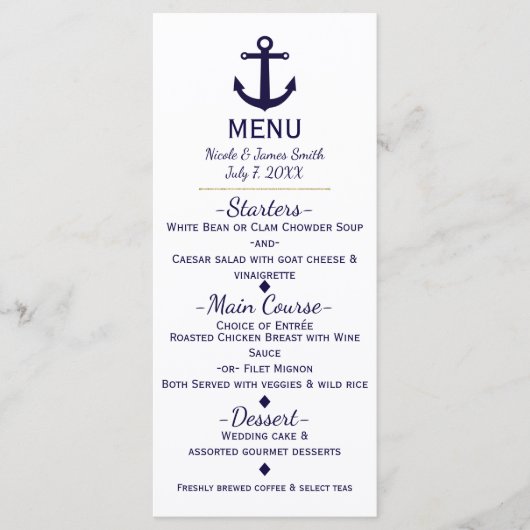 Blue Anchor Nautical Beach Wedding Menu Card Menükarte (Vorderseite)