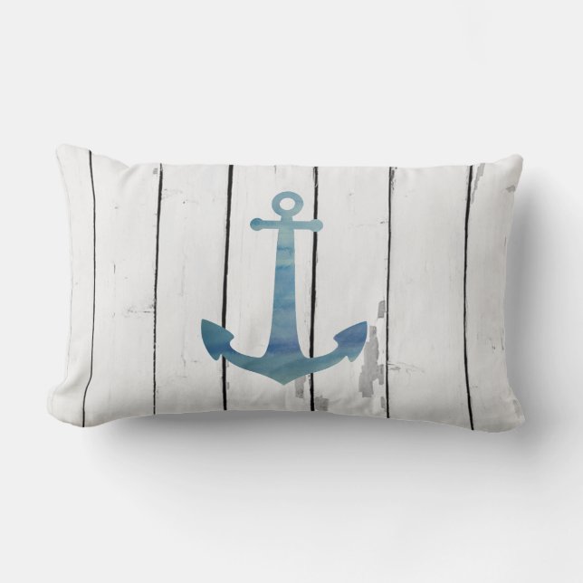 Blue Anchor Nautical Shiplap Rustic Beach Deco Lendenkissen (Vorderseite)