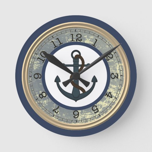 Blue Anchor with Rope Nautical Wall Clock Runde Wanduhr (Vorderseite)