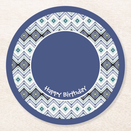 Blue and Aquamarin Happy Birthday Paper Untersetze Runder Pappuntersetzer (Vorderseite)