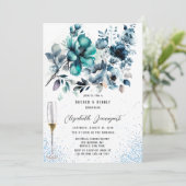 Blue and Aquamarin Peony Glitzer Brunch & Bubbly Einladung (Stehend Vorderseite)