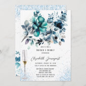 Blue and Aquamarin Peony Glitzer Brunch & Bubbly Einladung (Vorne/Hinten)