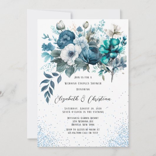 Blue and Aquamarin Peony Glitzer Wedding Couples D Einladung (Vorderseite)