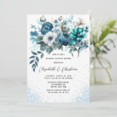 Blue and Aquamarin Peony Glitzer Wedding Couples D Einladung (Stehend Vorderseite)