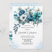Blue and Aquamarin Peony Glitzer Wedding Couples D Einladung (Vorne/Hinten)