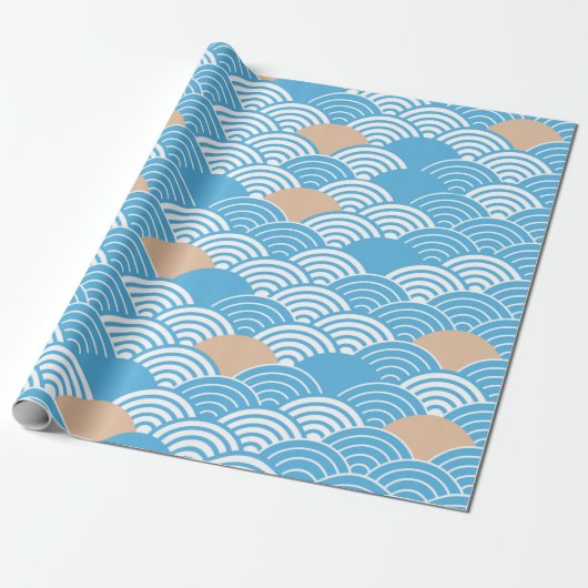 Blue and Beige Japanese Wave Pattern  Geschenkpapier (Ungerollt)