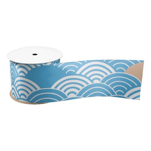 Blue and Beige Japanese Wave Pattern  Satinband (Spule)