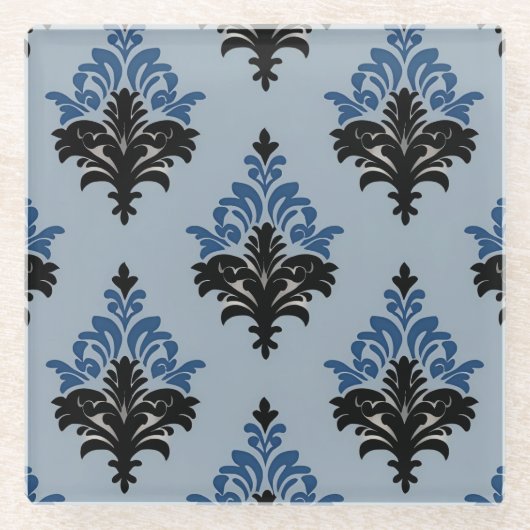 Blue and Black Classic Damask style  Glasuntersetzer (Vorderseite)