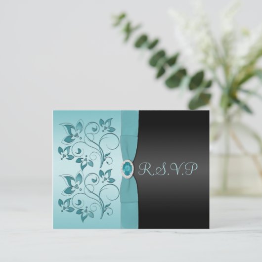 Blue and Black Floral R.S.V.P Postkarte (Stehend Vorderseite)