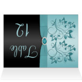 Blue and Black Floral Tischnummer Card (Innenansicht Horizontal (Oben))