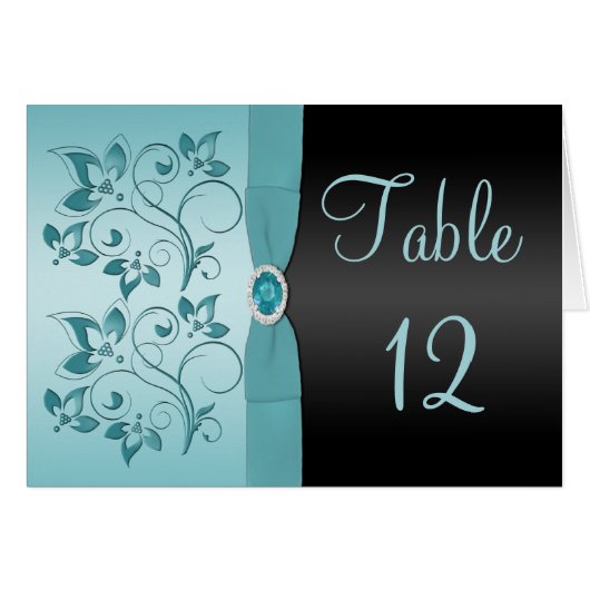 Blue and Black Floral Tischnummer Card (Vorderseite (Horizontal))
