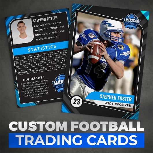 Blue and Black Football Trading Card mit Statistik Telefonnummerkarte