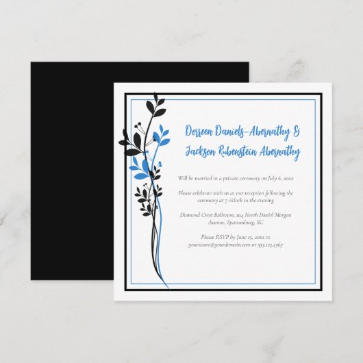 Blue and Black Modern Botanical Reception Only | Einladung (Vorne/Hinten)