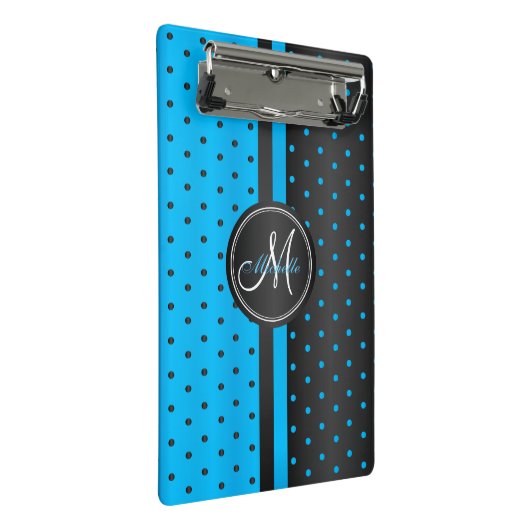 Blue and Black Polka Dots - Monogramm Mini Klemmbrett (Schrägansicht)