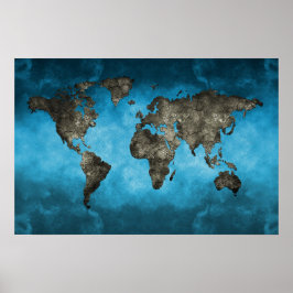 Blue and Black World Map Poster
